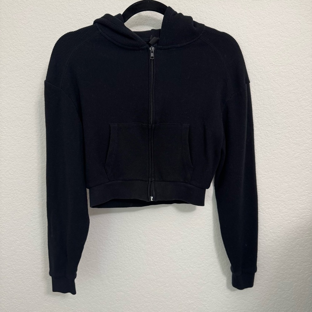 SKIMS Black Cropped Zip-Up Hoodie